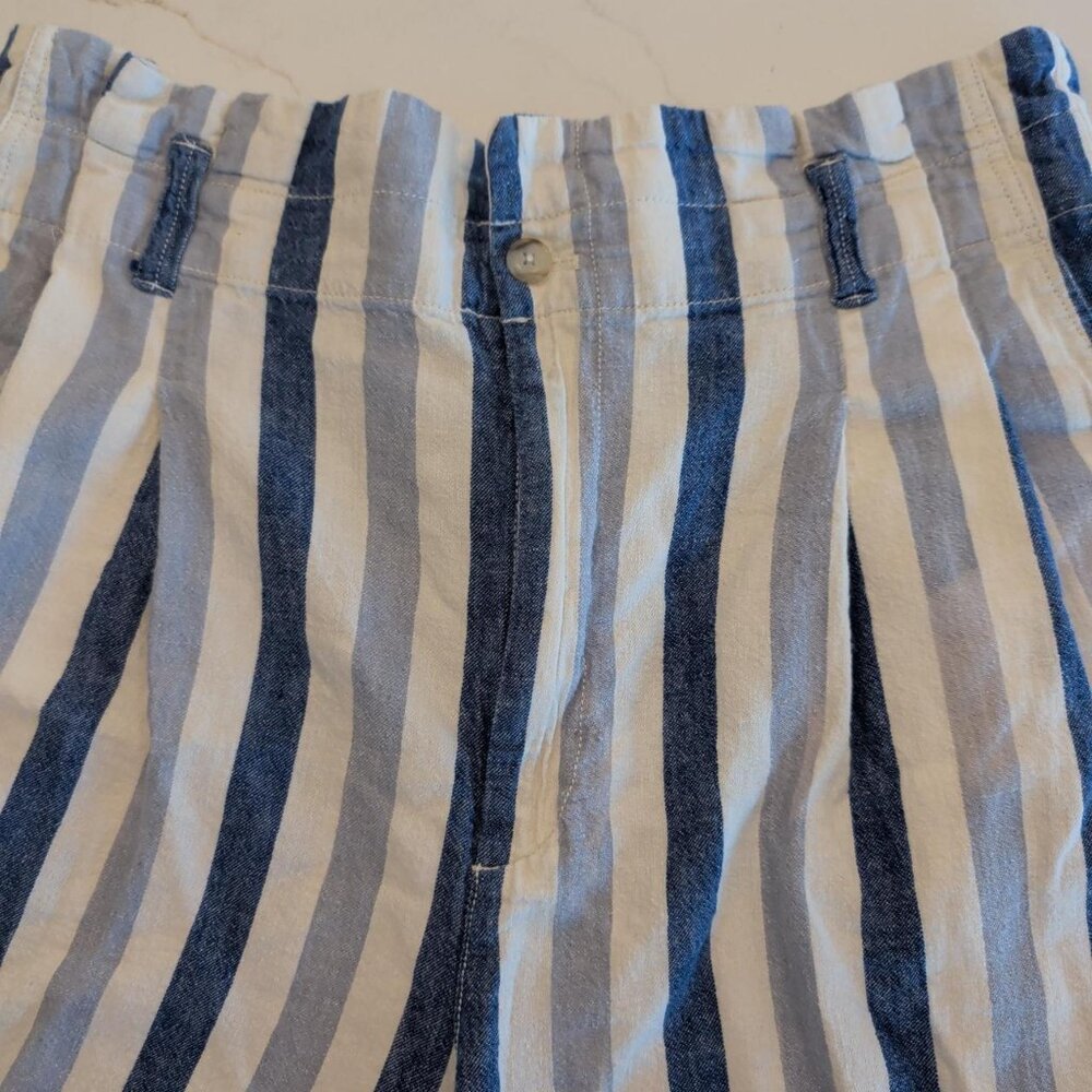 Madewell Linen Blend Sz 14 Blue Striped High Waist Paper Bag Loose Fit Shorts - Picture 4 of 11